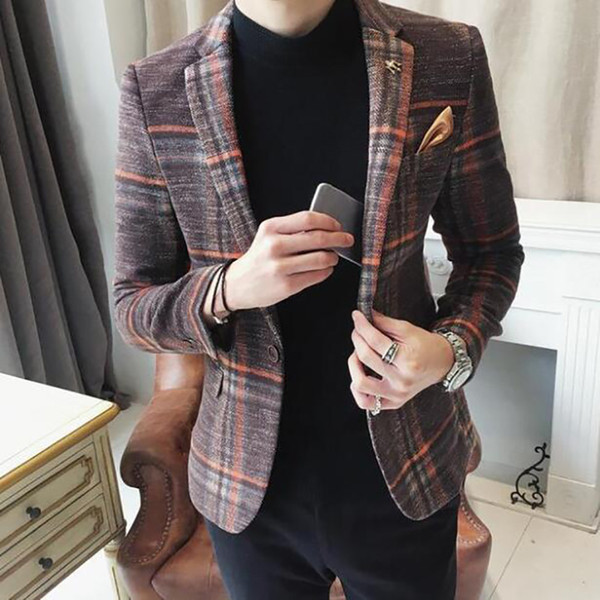 Men Designer Blazer Slim Fit Korean Male Plaid Blazer Masculino Tweed Button Casual mens Blazer Jacket Suit