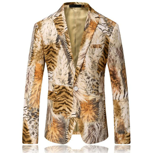 Men Tiger Pattern Mens Printed Blazer Latest Coat Design Velvet Casual Suit Jacket Stage Wear Men Blazer