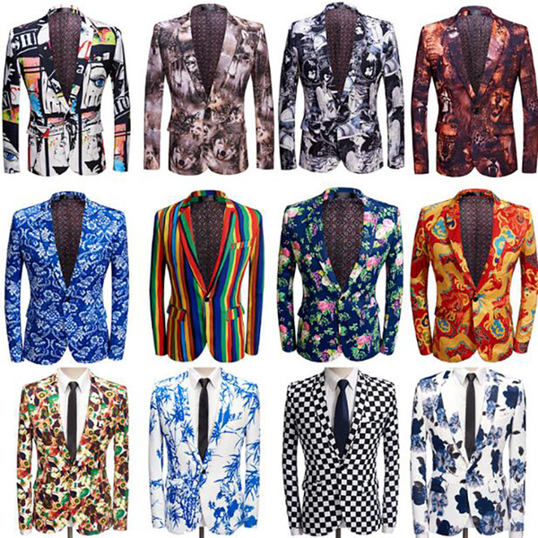 New Tide Mens Fashion Print Blazer Design Hip Hot Casual Male Slim Fit Suit Jacket free shipping