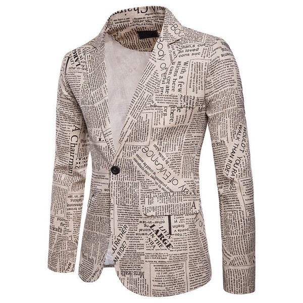 Men's Stylish Blazer Suits Vintage Newspaper Printed Blazers Man One Button Casual Slim Fit Suit Blazer Coats Tops male outwear