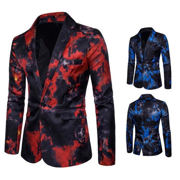 Men's One Button Suit Flame Printing Suit Slim Fit Blazer Costume Wedding Top