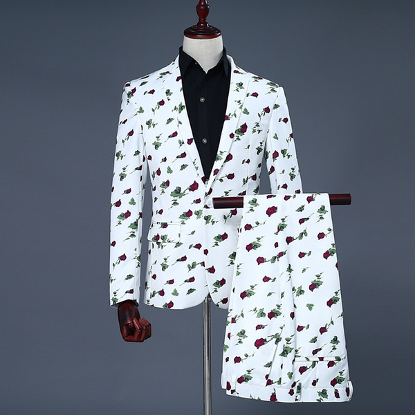 Classic Suit For Men Red Rose Print Mens Suits Mens Stage Wear Costumes De Luxe Pour Homme Stylish Blazers Costume Homme