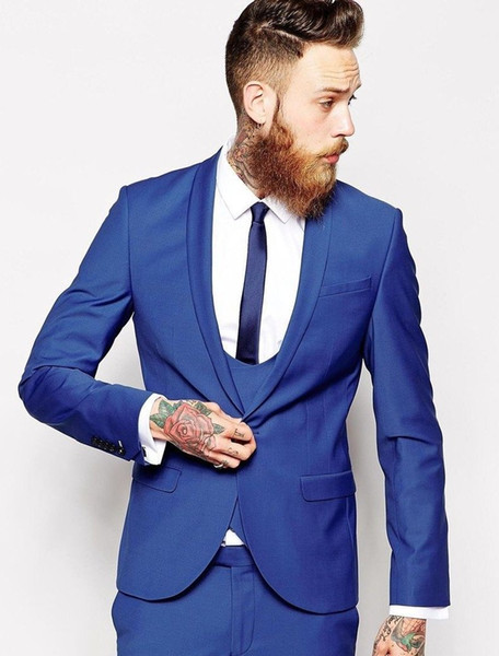 Brand New Groomsmen Shawl Lapel Groom Tuxedos Royal Blue Men Suits Wedding Best Man Blazer (Jacket+Pants+Vest+Tie) Z349