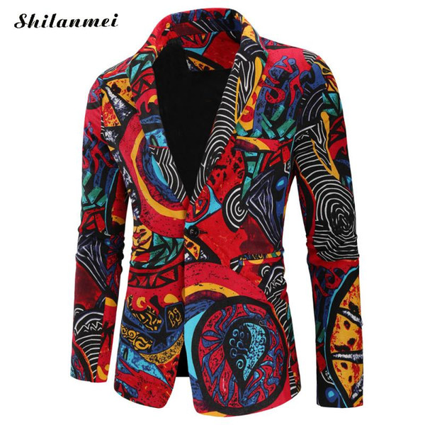 2018 Male Suit Blazer Geometric Print Party Wedding Festival Stylish Blazers For Men Stage Costumes Singers Slim Fit Jacket Coat