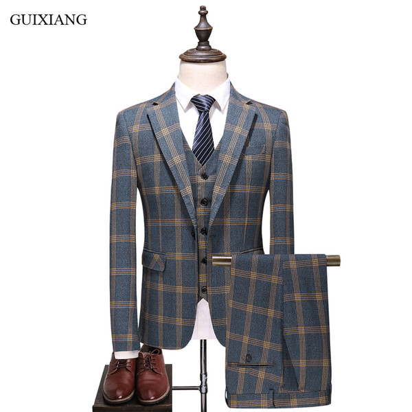 New Arrival Style Men Boutique Business Casual Suits High-quality Single Breasted Grid Slim Blazers Suits Dress Size S-5XL