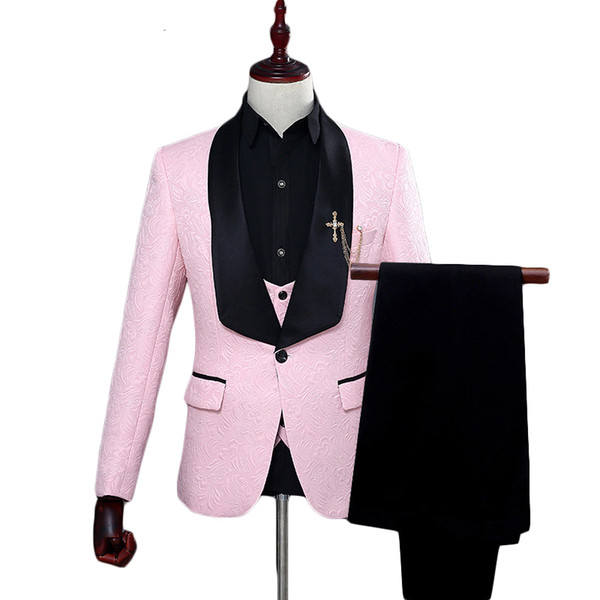 Red White Pink Suit Men Slim Fit Shawl Collar Men Suits For Wedding Fashion Jacquard 3 Piece Prom Suits