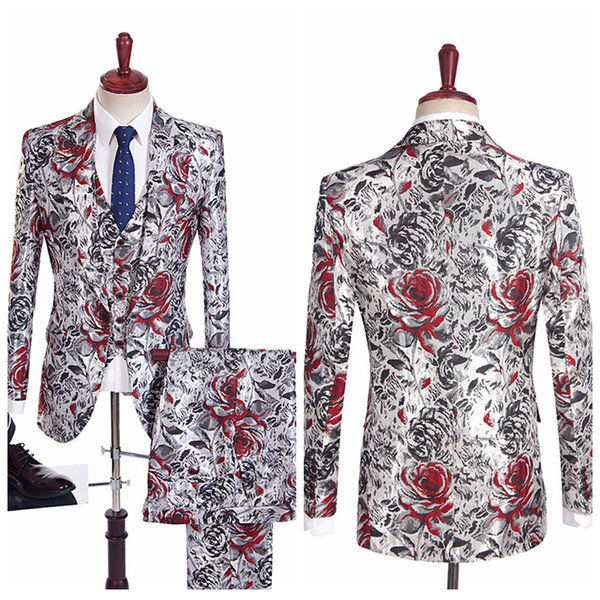 Floral Print Men Tuxedos Custom Casual Groom Groomsmen Formal Wedding Suits Business Man Fitted Suit Custom (Jacket+Vest+Pants)