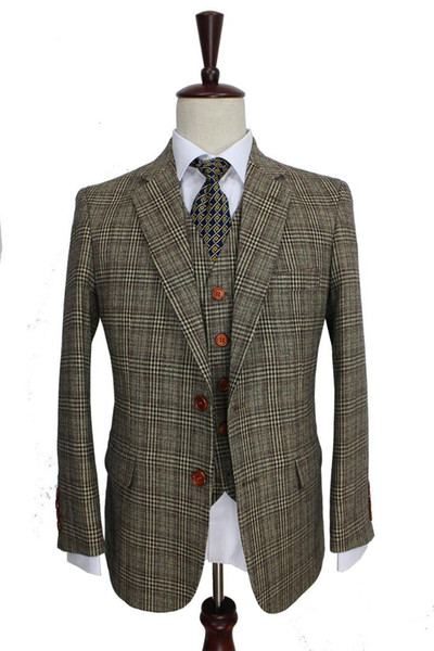 retro Brown plaid groom tuxedos custom made slim fit Wedding Suits for men Blazers tailor made suits 3 piece