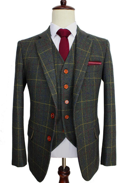 Wool Green Ckeck Tweed Custom Made Men suit Blazers Retro tailor made slim fit wedding suits for men 3 Piece