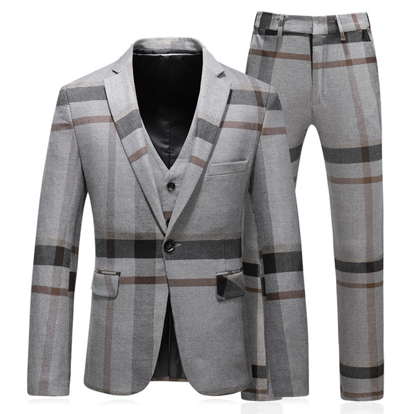 TOTURN New Style Men Suits Custom Made Classic Gentleman Wedding Suits 3Pcs Striped Grid Blazers Vest Pants Slim Fit Tuxedo