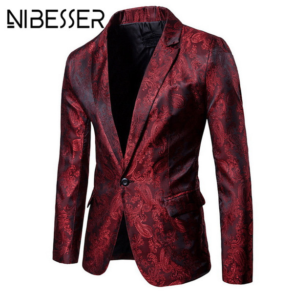 NIBESSER Brand Men Blazer Fashion Floral Slim Fit Suits & Blazers Autumn Casual Single Button Purple Mens Wedding Suit Jacket