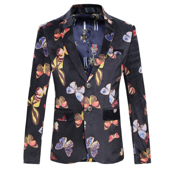 Wholesale- Mens Velvet Jacket Blazers Long Sleeve Butterfly Flower Printed Floral Coat Male Wedding Formal Dress Jackets Blazer Tops Size