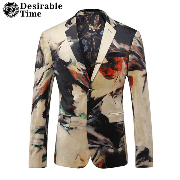 Desirable Time Men Slim Fit Velvet Printed Blazer Stage Clothing M-3XL Fashion Single Breasted Mens Casual Stylish Blazers DT260