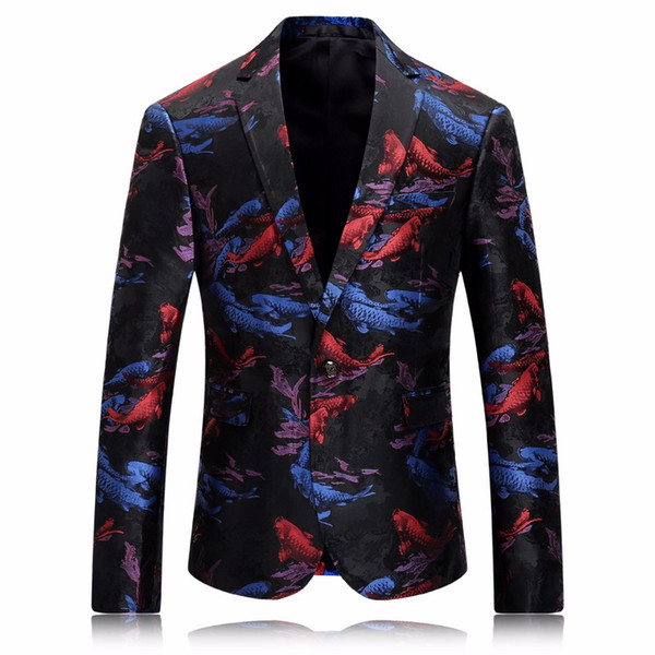 Fish Printed Galaxy Mens Blazer Jacket with Pockets Red Colorful Slim Fit Men Blazer Designs Single Breasted Foraml Dress Coats