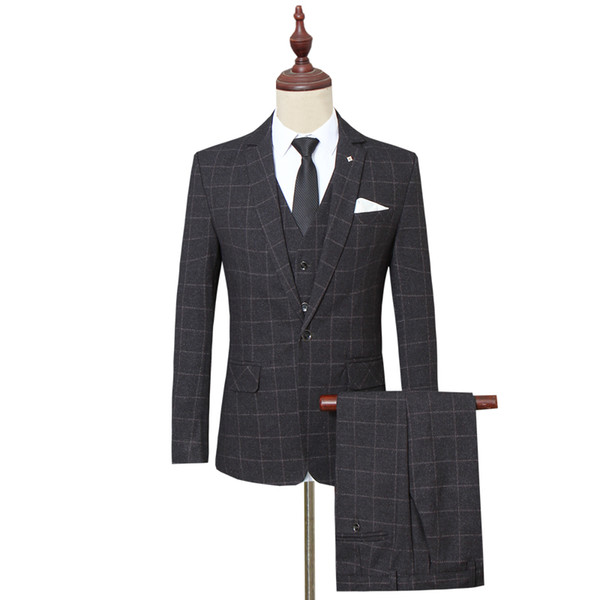 Autumn Men's Long-sleeved Plaid Suit Jackets with Vests and Trousers Large Size S-5XL Business Wedding Men Formal Suit Set