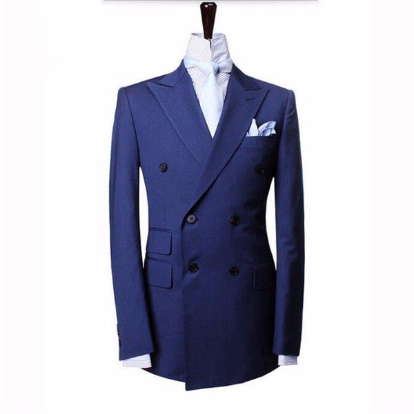 Blue men suits jacket double breasted groom wedding dress jacket custom made formal work business suits