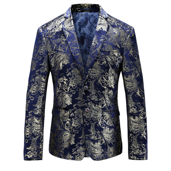 Slim Fit Mens Floral 5XL 6XL Clothing Blue Color Golden Flower Blazers 160