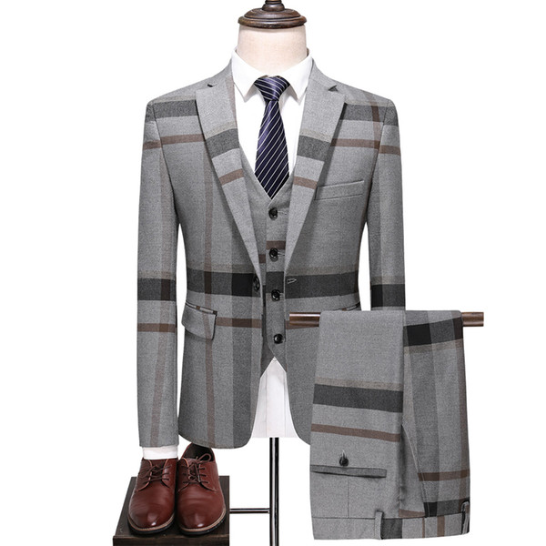 ( 3pcs Set: Jacket+Vest+Pants ) Men's Chequered Suit Three-piece Wool Cloth Suits for Men Wedding Suits,Size:S~5XL -Blue,Gray