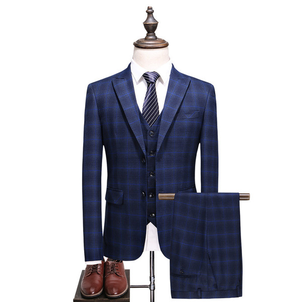 Men's suit men's spring and autumn new business casual plaid suit three-piece (jacket + pants + vest) banquet dress