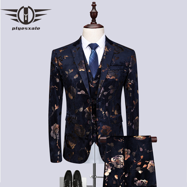 Plyesxale Men Floral Suits Spring Autumn Slim Fit Men Wedding Suits 5XL 6XL Prom Stage Party Jacket Pants Vest Q499