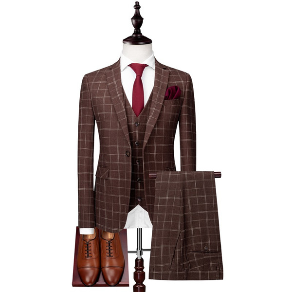 Men's suit men's spring and autumn new single buckle plaid suit three-piece (jacket + pants + vest) banquet dress