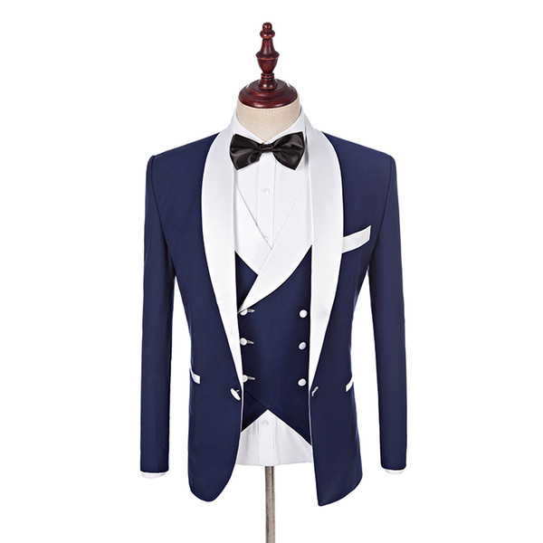 Custom Made Groomsmen White Shawl Lapel Groom Tuxedos Blue Men Suits Wedding Best Man Blazer (Jacket+Pants+Vest+Bow Tie )