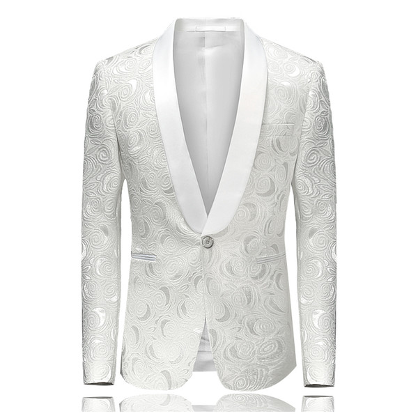 White Rose Jacquard Blazer Shawl Collar Wedding Suit Jacket For Men Luxury Slim Fit Blazer Masculino One Button Party