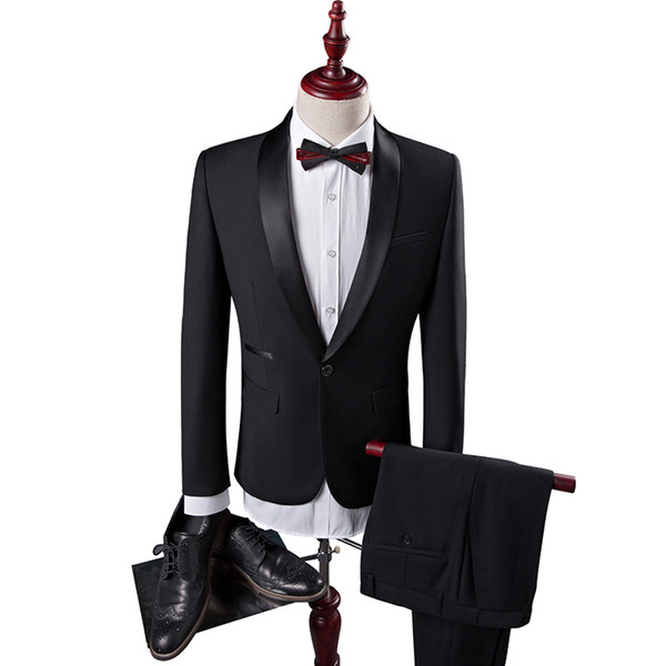 Wholesale- Men Wedding Suit Male Groom Suit Latest Coat Pant Designs Slim Fit Mens Dress Suits Brand Shawl Collar Black Tuxedos For Men Q85