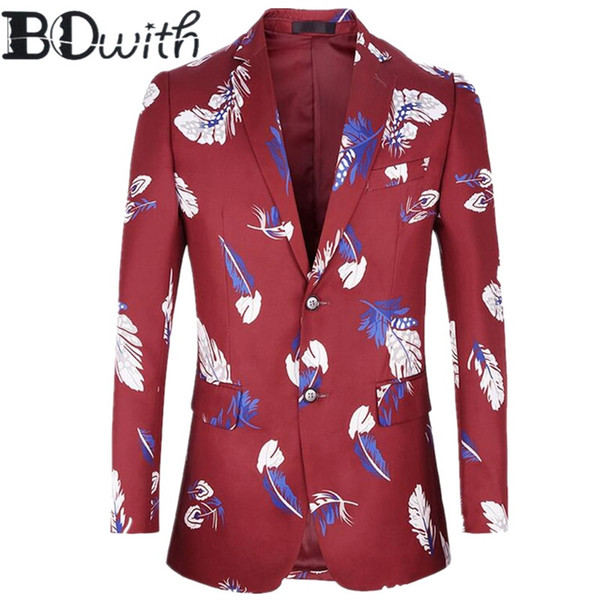 Newest Men Blazer Jacket Feather Printed Casual Long Sleeve Notched Collar Men Coat for Party Valentine's Day