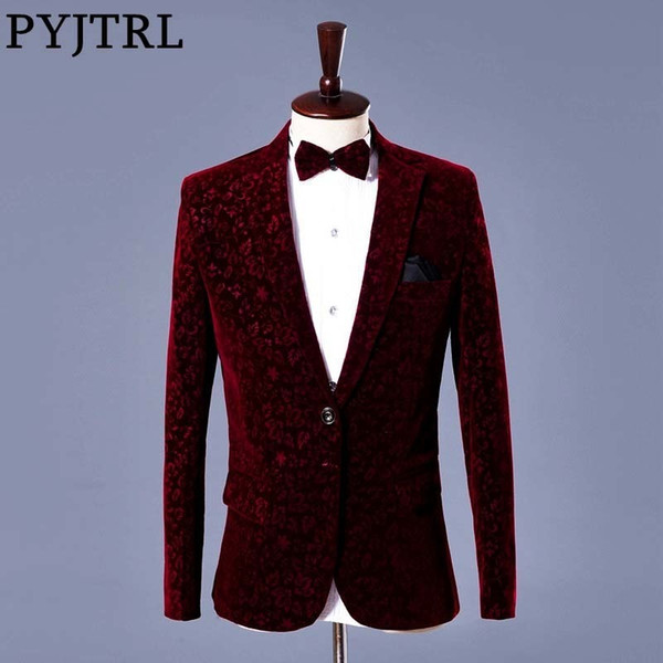 PYJTRL Men Autumn Winter Wine Red Velvet Floral Print Wedding Suit Jacket Slim Fit Blazer Designs Stage Costumes For Singers