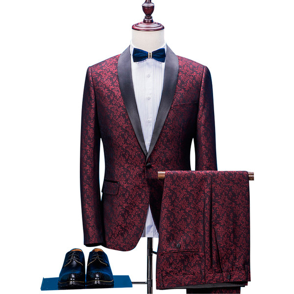 Printing Wedding suit Shawl Lapel Groom Tuxedos Purple Groomsman Suit Dinner Custom Made Man (Jacket +pants)