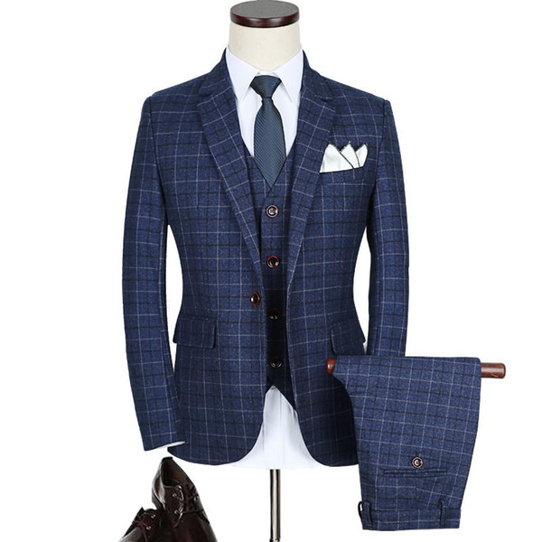 ( Jacket + Vest + Pants ) High-end Brand Boutique Men's Plaid Formal Suit Groom Wedding Dress Banquet Suit Male Set Size S-5XL