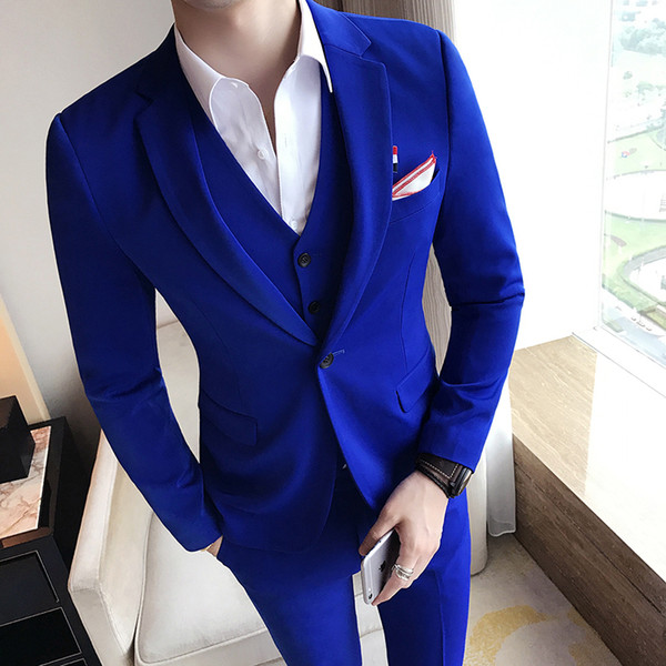 ( Jacket + Vest + Pants ) Royal Blue Mens Suit Solid Color Mens Classic Suits Red Prom Suit Black White Slim Groom Wedding Dress