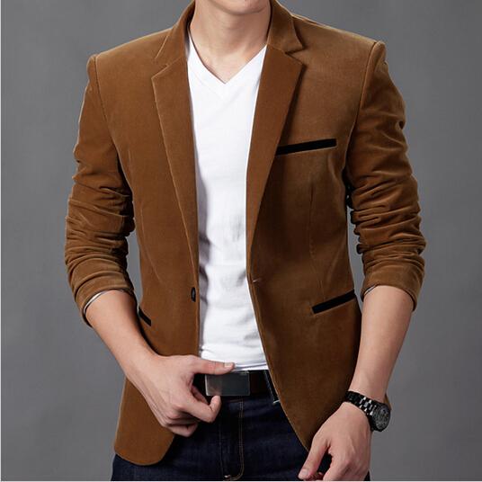 Wholesale- 2015 New Arrival Men's Spring Brand Casual Blazers One Button Stylish Slim Corduroy Blazer Male Fashion Suit Jacket High Quality