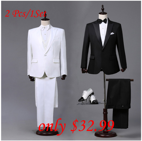 Wholesale- Custom made Mens Black White Suits Jacket Pants Formal Dress Men Suit Set men wedding suits groom tuxedos for men blazer