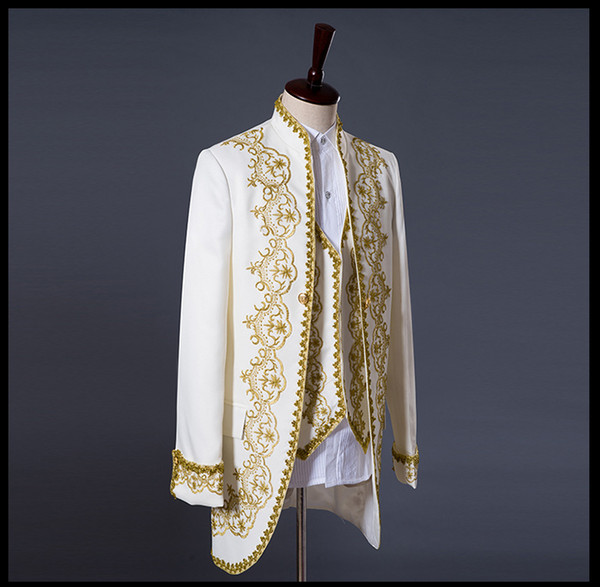 Prince Gold Embroidery Blazer Suit Wedding Groom Jacket Coat Blazer Jacket wedding tuxedos men's suits coat+vest+pant