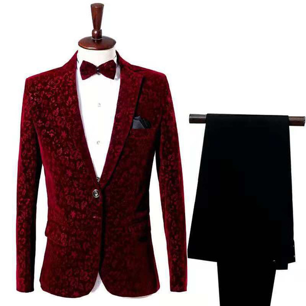 Velvet Blazer Suit Mens Flower Blazer Party Dress Outfit Pantalon Trendy blaser masculino 3 peice Set Blazer +Tie+Pant