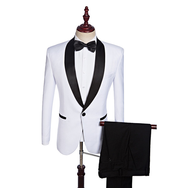 (Jacket+Pants) White Men Suit With Black Shawl Lapel Groom Tuxedos Men Wedding Blazer Latest Coat Pant Designs