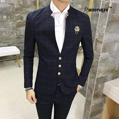 2PCS/Set Jacket with Pants Slim Fit Mens Prom Suits Boy Party Dress Suit Wedding Suits Classic Mandarin Collar Plaid Design 