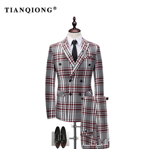 TIAN QIONG Plaid Double-breasted 3 Piece Suit Men Korean Fashion Business Mens Suits Designers 2017 Slim Fit Wedding Suits Men