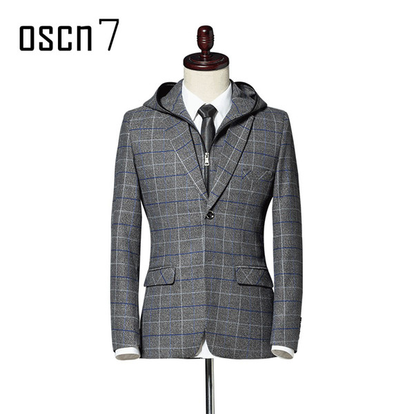 OSCN7 Plaid Hooded Blazer Men Slim Fit Leisure 2017 New Brand Blazer Jackets Plus Size Casual Office Masculino