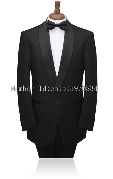 Wholesale-2016 Single-Breasted Customize Groom Tuxedos Shawl Lapel Best Man Suits black/white Wedding suit for men(Jacket+Pants+Bowtie)