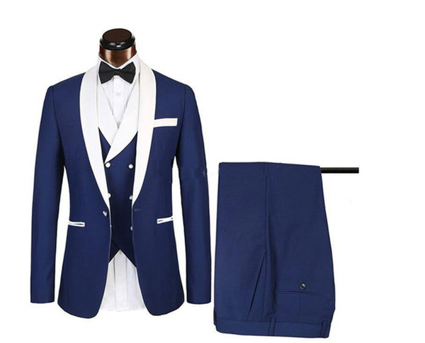 Blue Men Wedding Suits New Brand Fashion Design Real Groomsmen White Shawl Lapel Groom Tuxedos Mens Tuxedo Wedding Suits