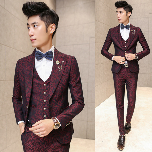 Wholesale- Prom Men Suit With Pants Red Floral Jacquard Wedding Suits for Men 3 pieces / Set (Jacket+Vest+Pants) Korean Slim Fit Dress 2016