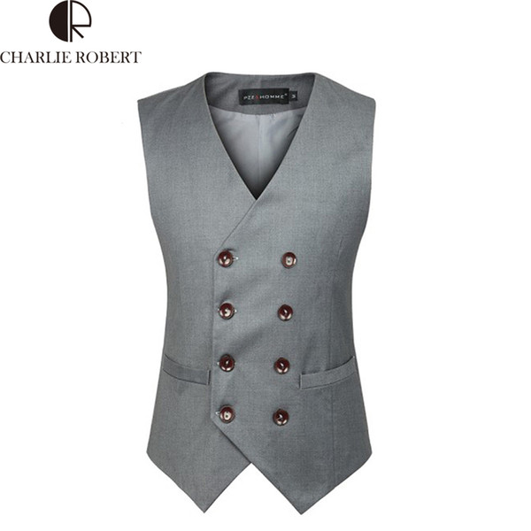 Wholesale-Mens Double Breasted Vest Colete Masculino Men Dress Suit Vest Men Formal Black Gtrey Vest Suit Gilet Vest Double Beasted