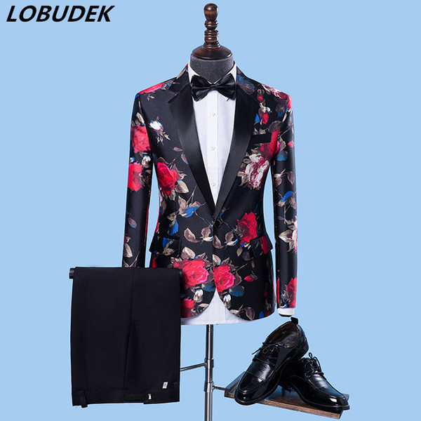 (Jacket+pants) Rose Printing Men Blazers England style Smart Casual Suits dress Wedding Party outfit Bar singer stage Costumes