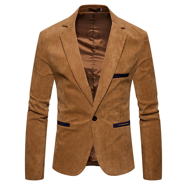 V Neck Long Sleeve Mens Corduroy Blazer Fashion Single Button Solid Color Mens Suits Jacket Spring Male Apparel