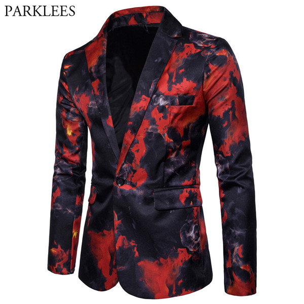 Mens Red Flame Printed Blazer Jacket 2018 Brand Casual Slim Fit Single Button Blazer Men's Suits and Blazers Terno Masculino 3XL