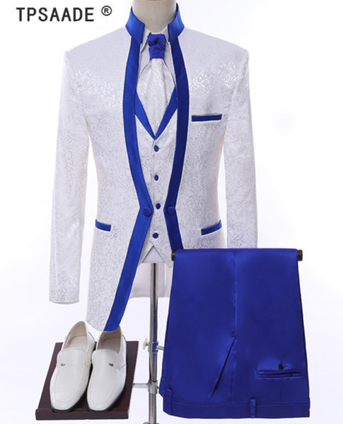 White Royal Blue Rim Stage Clothing For Men Suit Set Mens Wedding Suits Costume Groom Tuxedo Formal (Jacket+pants+vest+tie)