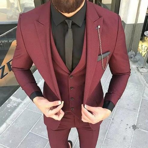 Burgundy Mens Suits For Wedding Party Suits Slim Groom Custom Made Tuxedo Men Tuxedo Men Suit 3pcs(Jacket+Vest+Pant)